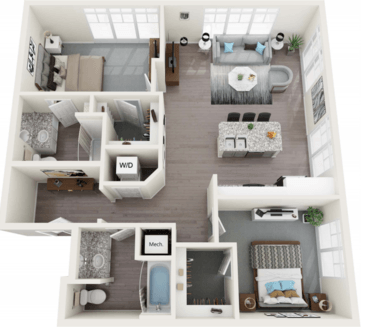 Floor plan for 2 beds, 2 baths, 1175 sqft